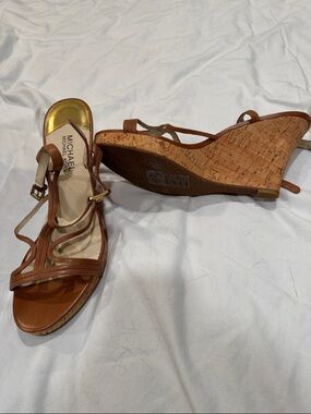 MICHAEL Michael Kors Brown Leather Cork Wedge Sandals
